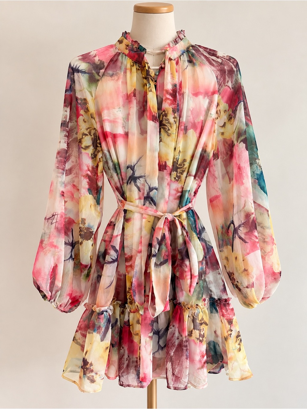 Fashion Nova Multicolor Watercolor Floral Tie-Waist Mini Dress Size XS